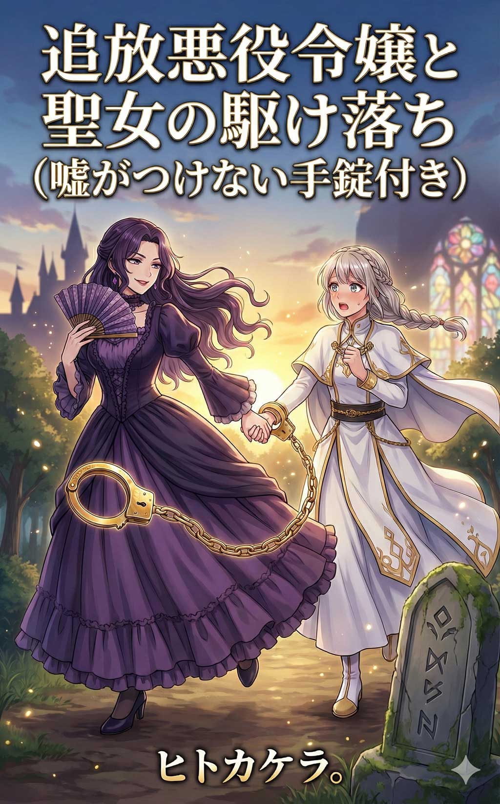 追放悪役令嬢と聖女の駆け落ち（嘘がつけない手錠付き）――断罪の瞬間、嘘をつくたび鎖が締まる。日没までに外れなければ加護が剥がれるので、本音だけで恋をします ー表紙